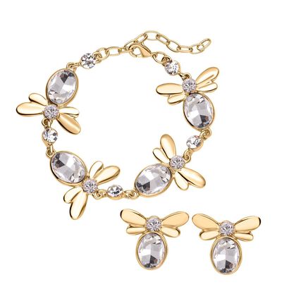 DESIGNER INSPIRIERT - 2er Set - Wei&szlig;er Kristall Armband (ca. 19 cm + 5 cm Extender) und Ohrringe, goldfarben