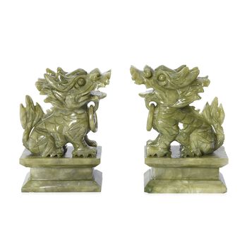 2er-Set handgefertigte Gr&uuml;n-Serpentin Feng-shui Drachen-Figuren, 9,5x4,5x12 cm