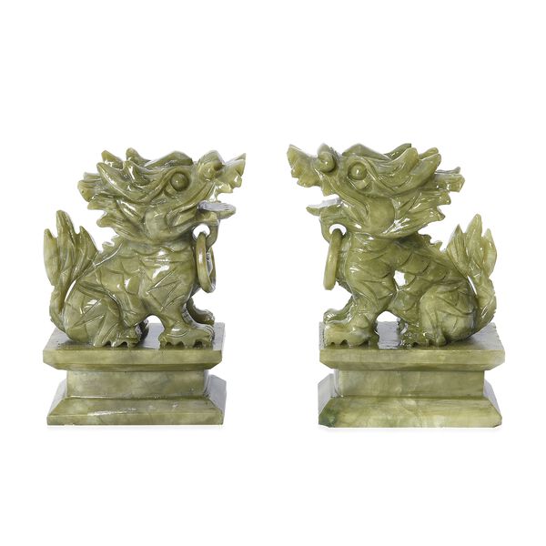 2er-Set handgefertigte Gr&uuml;n-Serpentin Feng-shui Drachen-Figuren, 9,5x4,5x12 cm