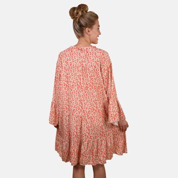 Gesmoktes Sommerkleid, Leopardenmuster, Wei&szlig;/Orange