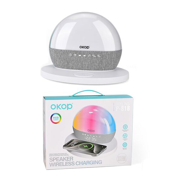 "KP-818 Audio equipment Features: Bluetooth, LED ambient lighting, 24 groups of white noise, light wake-up, sunset 30/60/90, clock, alarm clock, FM, USB, TF Wireless charging: 15W Playing time: 3-6 h Charging time: 2-3 hours Transmission range: 10 meters