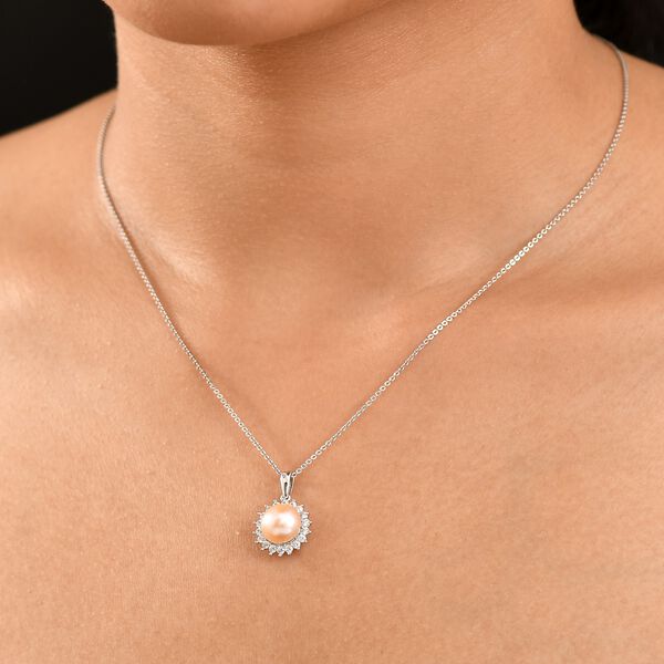 Pfirsich-Süßwasser Perle (8.5-9 mm), Weißer Zirkon Schmuckset ca. 50 cm 925 Silber rhodiniert 5.02 ct image number 3