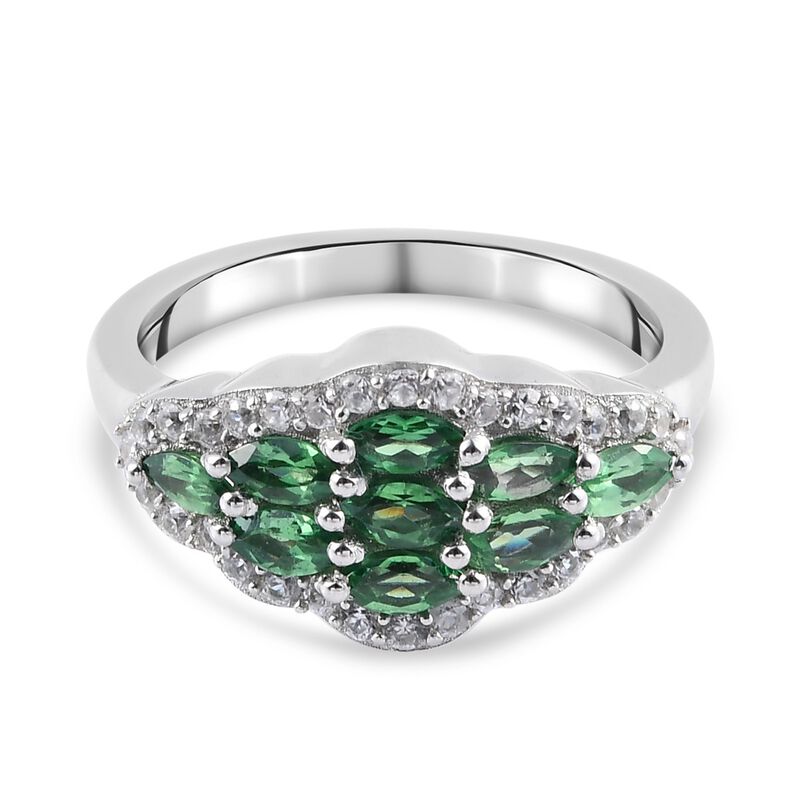 Tsavorit Granat und Zirkon Cluster Ring 925 Silber Platin-Überzug image number 0