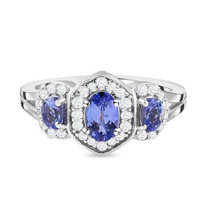 Tansanit und wei&szlig;er Zirkon-Ring, 925 Silber platiniert (Gr&ouml;&szlig;e 20.00) ca. 1,08 ct