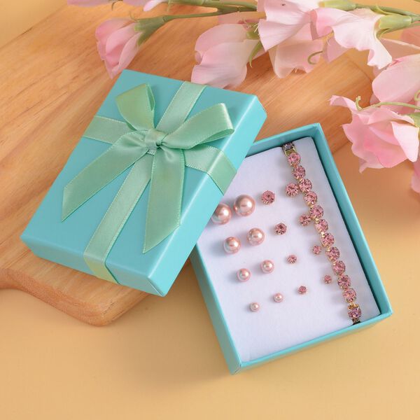 9er Set - Rosa Muschelkernperlen Ohrringen, Kristallohrringen mit Armband, Messing und Edelstahl image number 2