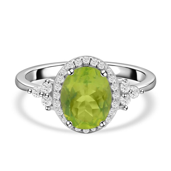 Nat&uuml;rlicher Peridot und Zirkon-Halo-Ring, 925 Silber rhodiniert, 3,15 ct.