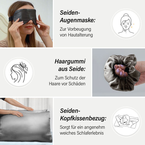 SERENITY NIGHT: 3er-Set  Kissenbezug, Haargummi und Augenmaske, Schwarz image number 2
