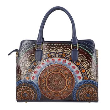 Handbemalte Satchel-Tasche aus 100% Echtleder mit kunstvoller Pr&auml;gung und Mandala-Design, 31x10x23cm, Blau-Braun