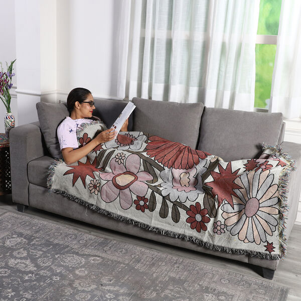 Handgewebte Jacquard-Decke mit Fransen, 100% Baumwolle, Blumenmuster, Beige und mehrfarbig image number 0