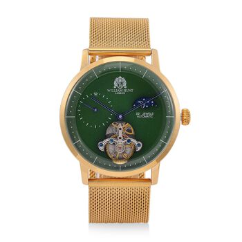 William Hunt Automatik-Uhr - IP-schwarzbeschichtetes Edelstahlgeh&auml;use, gr&uuml;nes Multifunktionszifferblatt mit gew&ouml;lbtem Glas, Edelstahl-Mesh-Armband, Glasboden, 5 ATM wasserdicht, Reiner Edelstahl