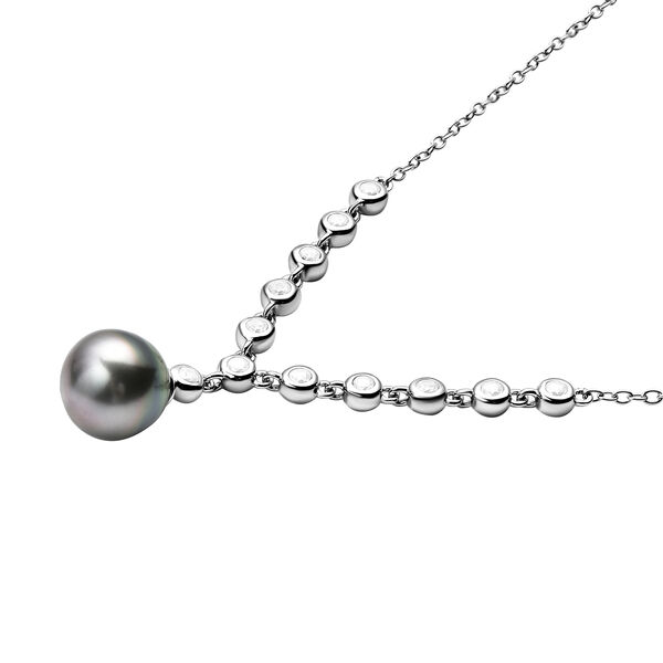 Tahiti Perlen (9-10 mm) und wei&szlig;e Zirkon Halskette, ca. 45 cm, 925 Silber rhodiniert ca. 0,61 ct image number 3