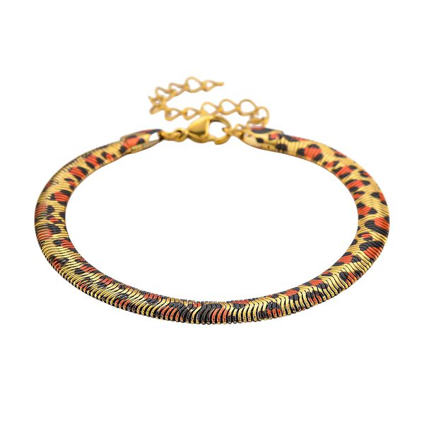 Leoparden-Print Fischgr&auml;ten Armband aus 316L Edelstahl mit Goldplattierung, ca. 19 cm +3.5 cm Extender