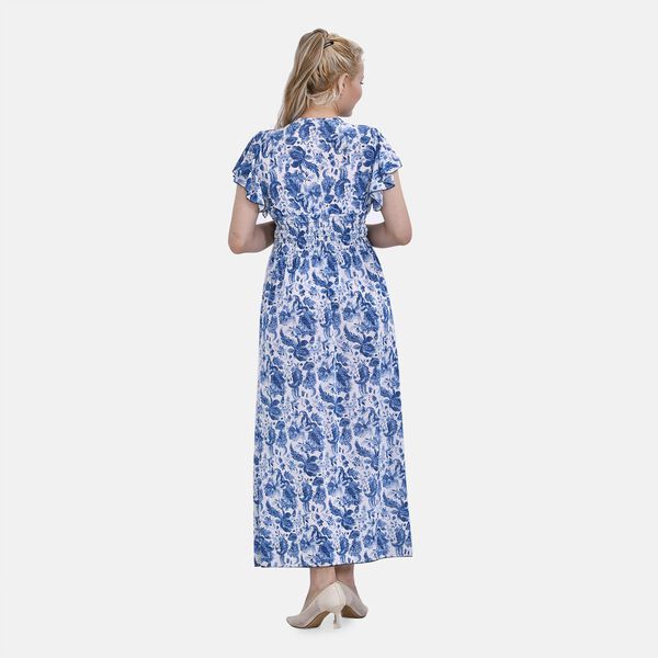 Maxikleid mit gesmokter Taille und Flatter&auml;rmeln, blau image number 2