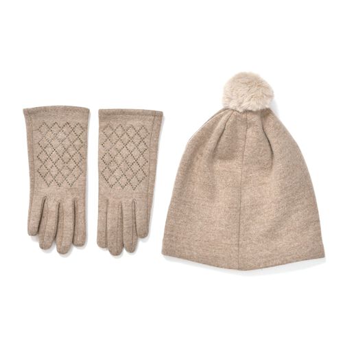 LA MAREY 2er-Set Kaschmir Mützen und Handschuhen mit Mikroplüsch-Futter, Beige image number 0