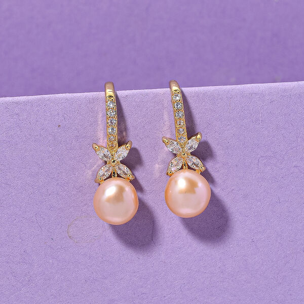 Pfirsich-Süßwasser Perle, Weißer Zirkonia Ohrringe Nickelfreies Messing Standard 4.00 ct image number 1