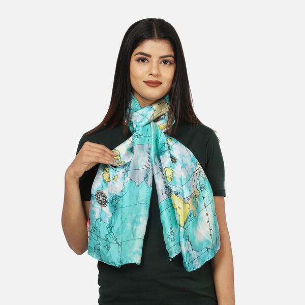 100% natürlicher Satin Seiden Schal, Weltkarte Muster, Türkis image number 3