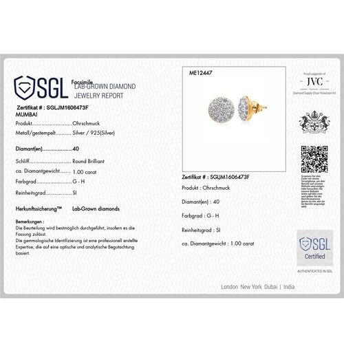 LUXURIANT DIAMOND - Lab Grown Diamant SI-GH SGL zertifiziert Ohrringe 925 Silber Gelbgold Vermeil ca. 1,00 ct. image number 4