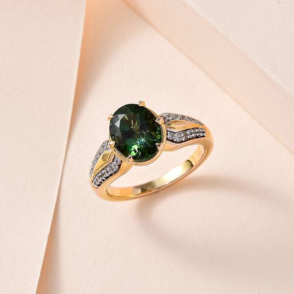 Natürlicher grüner Apatit, Weißer Zirkon Ringe 925 Silber Gelbgold Vermeil (Größe 21.00) ca. 2.83 ct image number 2