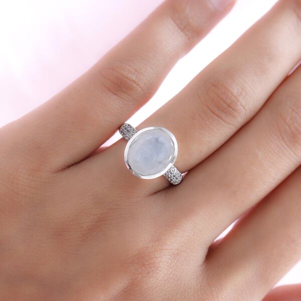 Premium Regenbogen Mondstein und weißer Zirkon-Ring, 925 Silber platiniert  ca. 4,70 ct image number 3