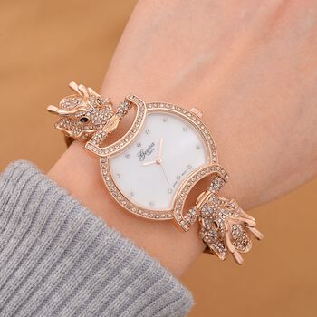 GENOA TIME V2 Kristall Uhr mit japanischem Miyota-Uhrwerk und rotem Lederarmband in Ros&eacute;goldton, 24cm