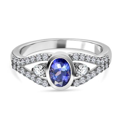 AAA Tansanit, wei&szlig;er Zirkon Ring, 925 Silber platiniert, (Gr&ouml;&szlig;e 19.00), ca. 1.20 ct