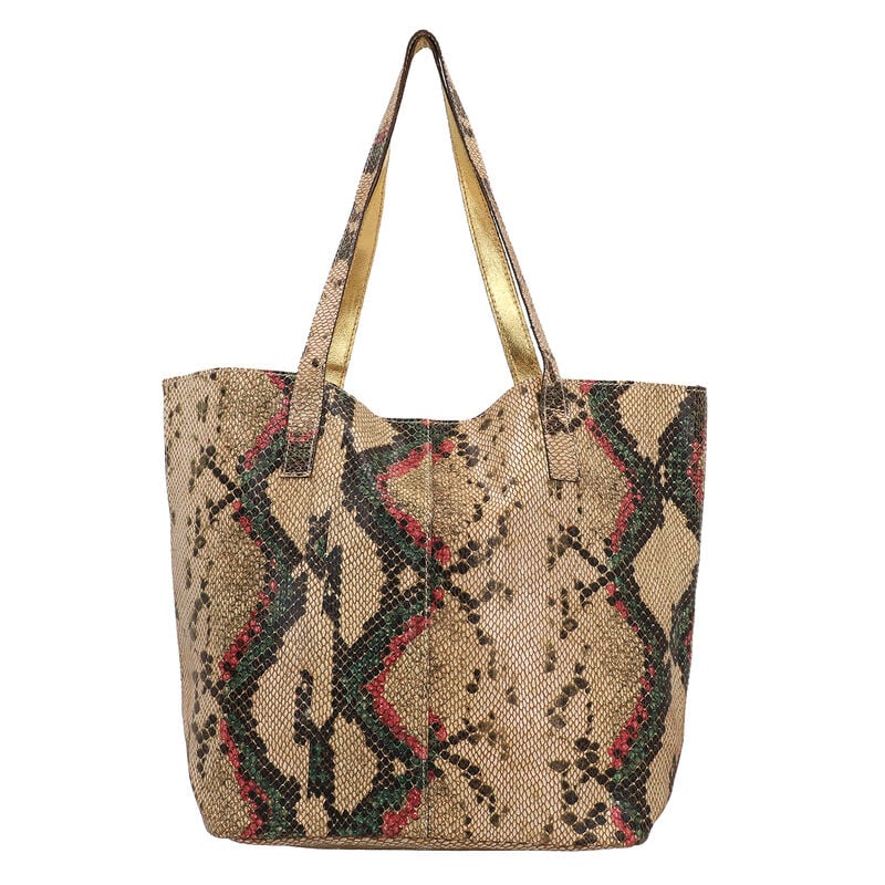 100% Genuine Leather Tote Bag Theme: Snake foil Print Color: Green & White Size: 14.56 x 3.74 x 8.66 inches  image number 0