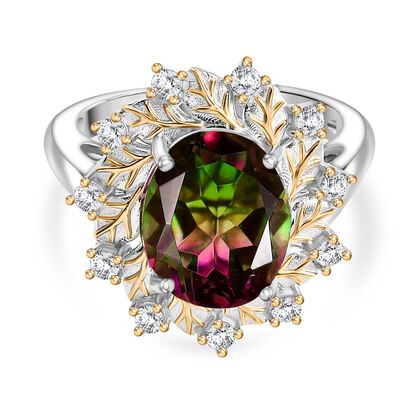 Bloomfire - D joy Wassermelonen Quarz Triplette, Wei&szlig;er Zirkon Ring, 925 Silber platiniert und vergoldet (Gr&ouml;&szlig;e 21.00) ca. 4.17 ct