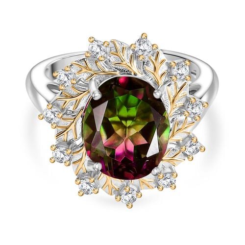 Bloomfire - D joy Wassermelonen Quarz Triplette, Weißer Zirkon Ring, 925 Silber platiniert und vergoldet (Größe 21.00) ca. 4.17 ct image number 0