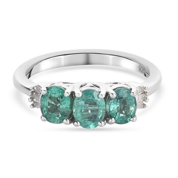 Sambischer Smaragd und Diamant 3 Stein Ring 925 Silber platiniert (Gr&ouml;&szlig;e 16.00) ca. 0,86 ct