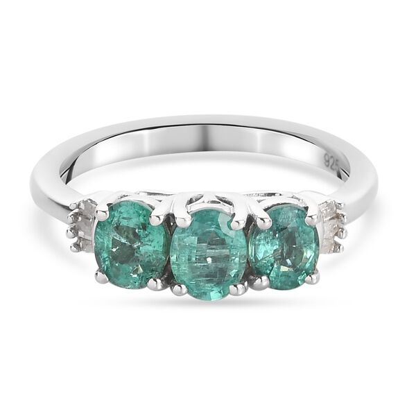 Sambischer Smaragd und Diamant 3 Stein Ring 925 Silber Platin-&Uuml;berzug