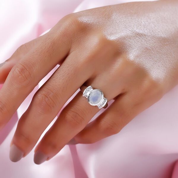Premium Regenbogen Mondstein und wei&szlig;er Zirkon-Ring, 925 Silber platiniert  ca. 2,00 ct image number 3