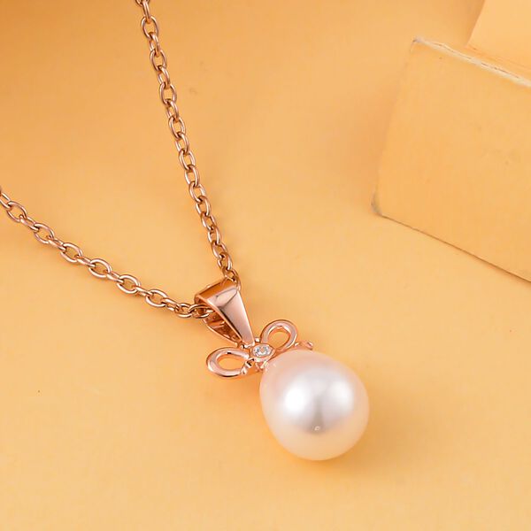 Weiße Süßwasser Perle, Weißer Zirkonia Anhänger mit Kette, 925 Silber rosévergoldet image number 2