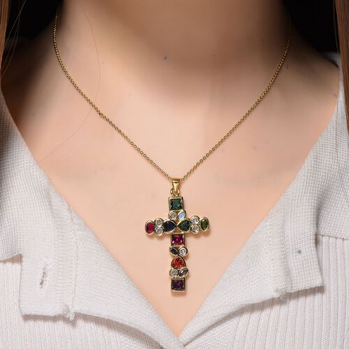 Mehrfarbiger Zirkonia Kreuz Anhänger mit Kette, ca. 50 cm Nickelfreies Messing image number 1