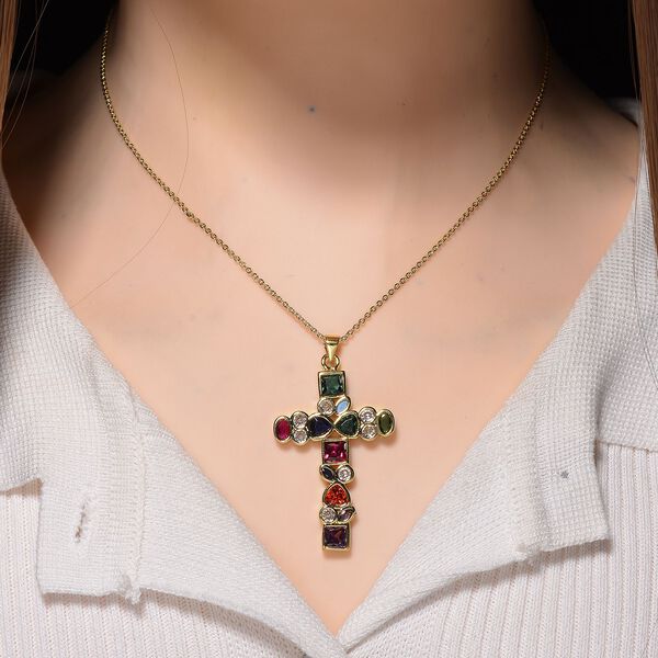 Mehrfarbiger Zirkonia Kreuz Anh&auml;nger mit 43,5+5cm Kette image number 2