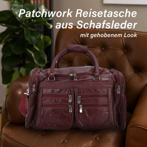 Patchwork-Reisetasche aus Schafleder mit 6 Au&szlig;entaschen und Schulterriemen, 51x29x28 cm, Burgund image number 2