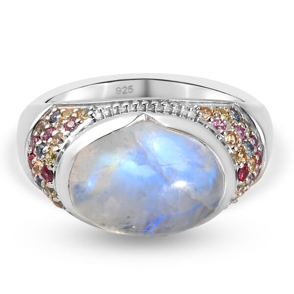 Regenbogen Mondstein und mehrfarbiger Saphir-Ring, 925 Silber  ca. 9,06 ct