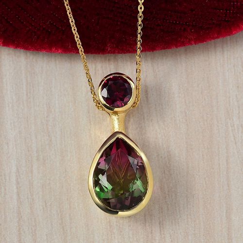Blossom Drop - D joy Wassermelonen Quarz Triplette, Rhodolith Granat Anhänger mit Kette, 925 Silber 750 Gelb Vergoldet ca. 7,28 ct. image number 1
