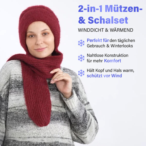 2-in-1 Gestrickte Winter Schalmütze, burgunderrot image number 2