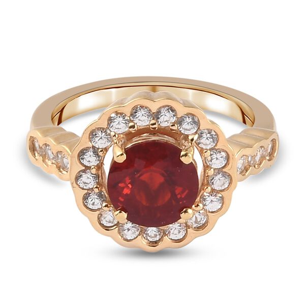 Mexikanischer Kirschfeuer-Opal und Zirkon Halo Ring 925 Silber 585 Vergoldet