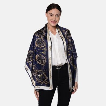 LA MAREY - 100% nat&uuml;rlicher Maulbeerseiden bedruckter Schal in Geschenkbox, 55x170 cm, Dunkelblau