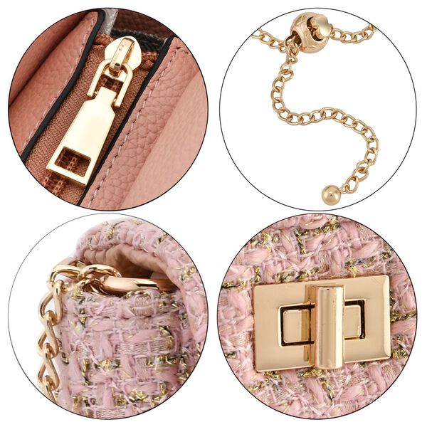 Umh&auml;ngetasche aus 100% echtem Leder mit Boucl&eacute;-Stoff, Rosa image number 5