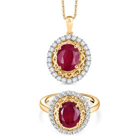 D'Joy Afrikanischer Rubin und Zirkon Ring und Anhänger mit 45cm Kette