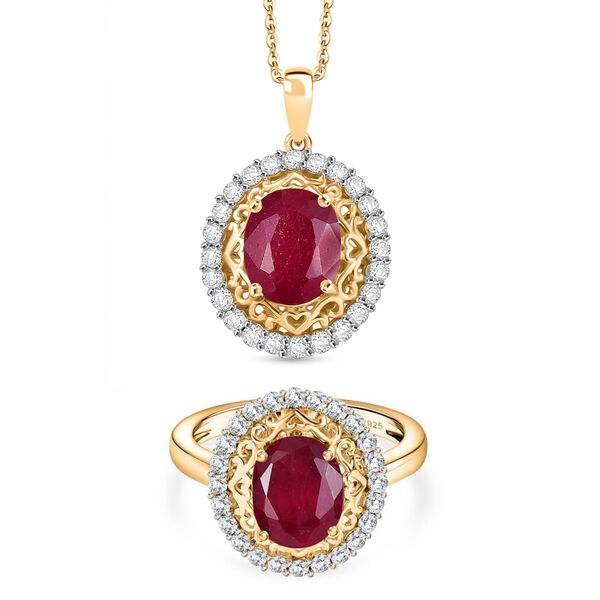D'Joy Afrikanischer Rubin und Zirkon Ring und Anhänger mit 45cm Kette image number 0