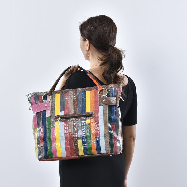 Chaos by Elsie: Patchwork Schultertasche aus 100% echtem Leder mit RFID Schutz, Gr&ouml;&szlig;e 43x15x32 cm, Rosa image number 3
