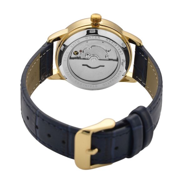 GENOA - Automatik-Armbanduhr mit Herz-Design und Datumsanzeige, Dandong-Uhrwerk, Wei&szlig;es Zifferblatt, Goldfarben, Blaues Lederarmband, 36 mm image number 7