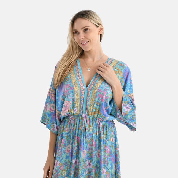 Maxikleid mit Blumenmuster, V-Ausschnitt, elastischer Taille und R&uuml;ckenschleife, 38&times;135 cm, Blau image number 6