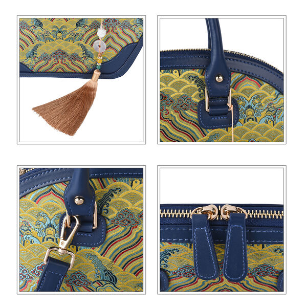 Seidenbrokat Tasche aus 100% Leder mit natürlicher Jade Quaste, Größe 35x23x13 cm, Dunkelblau und Gelb image number 6