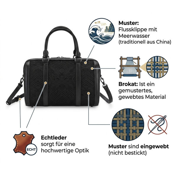 LA MAREY Brokat Crossbody Tasche aus Seide und Echtleder, 30x18x15cm, Schwarz image number 4