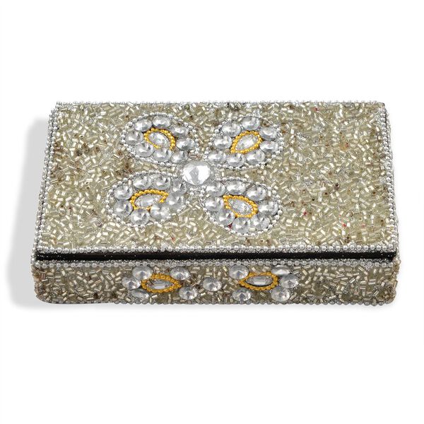 Perlenverziertes Schreibset 6 teilig, Tagebuch 10 x 15 cm, Aufbewahrungsbox, 5 Kugelschreiber, Silber image number 4