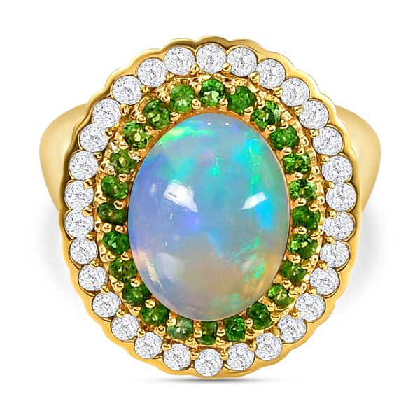 Nat&uuml;rlicher, &auml;thiopischer Welo Opal, Chromdiopsid und wei&szlig;er Zirkon-Ring, 925 Silber Gelbgold Vermeil (Gr&ouml;&szlig;e 21.00) ca. 4.99 ct